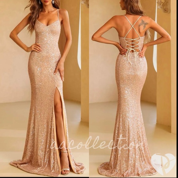 Dresses & Skirts - Luxe sequins slit thigh formal party evening wedding prom Laceup dress CHAMPAGNE